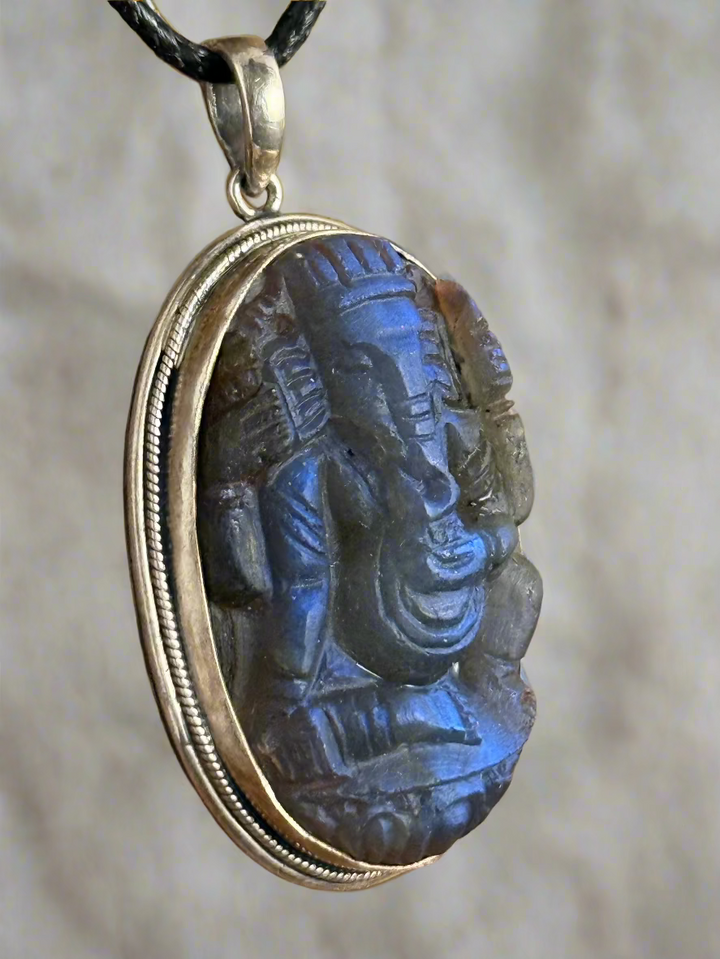 Hand Carved Ganesha in Labradorite Pendant - Large