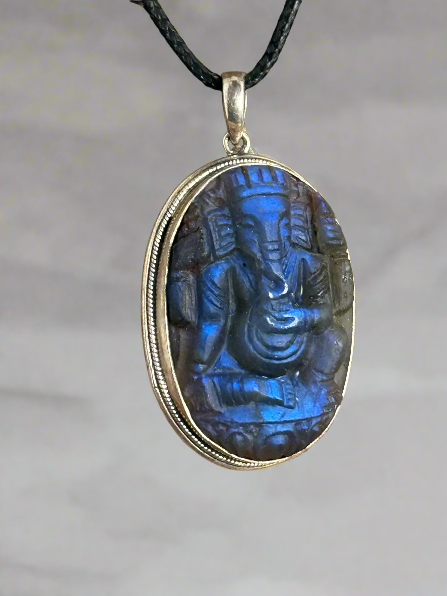 Hand Carved Ganesha in Labradorite Pendant - Large