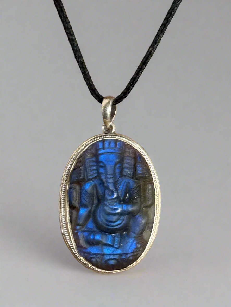 Hand Carved Ganesha in Labradorite Pendant - Large