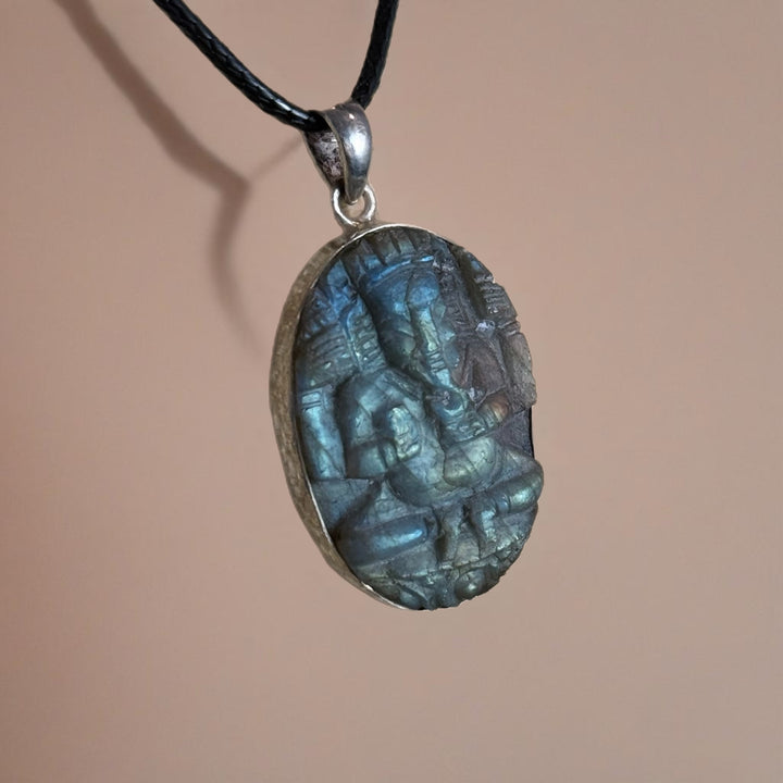 Hand Carved Ganesha in Labradorite Pendant