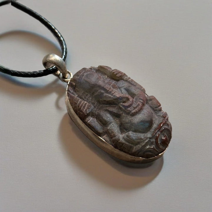 Hand Carved Ganesha in Labradorite Pendant