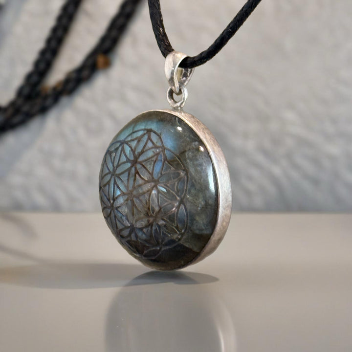 Hand Carved Flower of Life in Labradorite